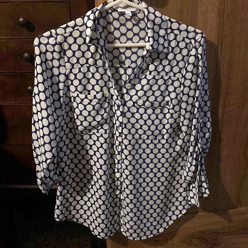 3/$20 Navy, polka dot Express portofino shirt, xs